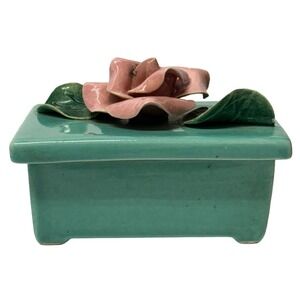 VTG Ceramic Lidded Pink Rose Green Jewelry Keepsake Trinket Box 3.5"x2.5" Signed